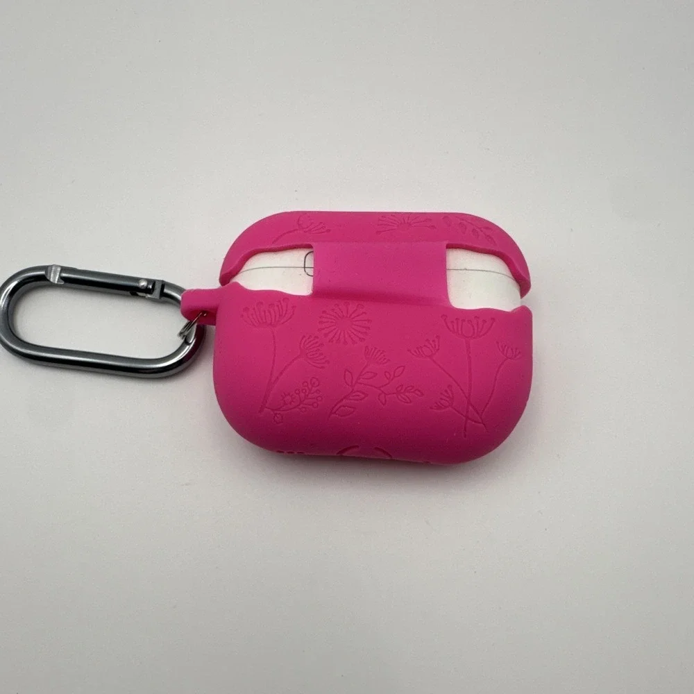 Pink Silicone Floral Fitted Case Cover w/ Carabiner Clip for AirPods Pro 1st